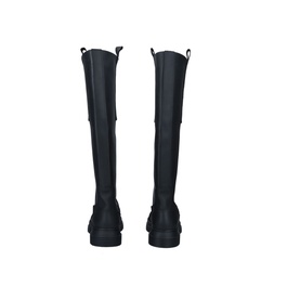 Ganni Gloria Over-The-Knee Recycled Boots in black, rear view showing pull tab and flat rubber sole