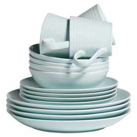 Gordon Ramsay Maze Blue 16 Piece Dinner Set in pale blue, including plates, bowls and mugs with ribbed texture detail