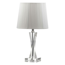 Galway Crystal Twist Small Lamp and Shade in clear crystal with hourglass base and pleated white fabric shade
