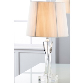Galway Crystal Twist Small Lamp and Shade in clear crystal with tapered cream fabric shade, styled on a white surface