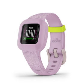 Garmin Vivofit Jr 3 Lilac Floral kids smartwatch in purple with floral band, yellow-green clasp, and digital display showing activity tracking