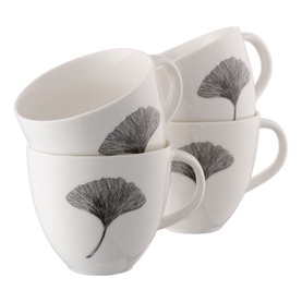 Belleek Ginkgo Leaf Mug Set of Four in white ceramic with grey ginkgo leaf motif, set of four stacked mugs