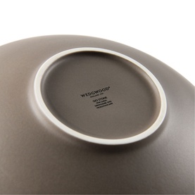 Wedgwood Gio Stone Serving Bowl 28.8cm in taupe fine bone china, showing base with Wedgwood logo and foot ring detail