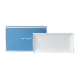 Wedgwood Gio Rectangular Tray 21cm in white bone china with embossed geometric pattern, shown beside signature blue gift box