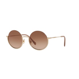 Miu Miu Round Sunglasses 0MU 69US in gold-tone metal with round frames, textured detailing, and gradient brown lenses
