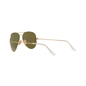 Ray-Ban Aviator Sunglasses RB3025 in gold, shown from rear angle with gold metal frame, green-gold mirrored lenses and clear nose pads