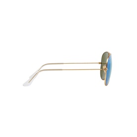 Ray-Ban Aviator Sunglasses RB3025 in gold, side profile view showing slim metal frame, blue mirrored lenses and white temple tips