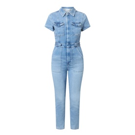 Good American Fit For Success Denim Jumpsuit in blue with pointed collar, capped sleeves, utility chest pockets, and straight leg fit