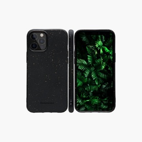 DBramante Grenen iPhone 12/12 Pro Black Case shown front and back, speckled matte black finish with camera cutout