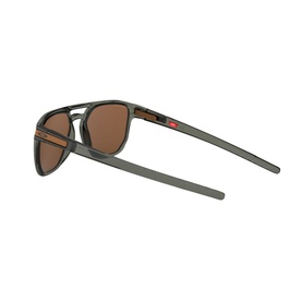 Oakley Latch Beta Square Sunglasses in green with brown tinted lenses, dual bridge frame, and slim temples with red accent detail