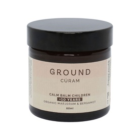Ground Wellbeing Calm Balm 10 Years+ in amber glass jar with black lid, organic marjoram and bergamot formula, 60ml