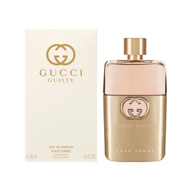 Gucci Guilty For Her Eau de Parfum 90ml with box, square gold-toned bottle and blush pink packaging with gold GG logo