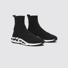 Sandro Flame Sock Trainers in black, knit upper, pull-on style, chunky white rubber sole with flame detailing