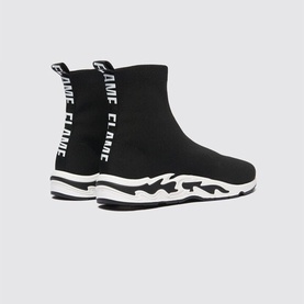 Sandro Flame Sock Trainers in black, knit upper with logo detailing, chunky white rubber sole, pull-on style
