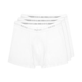 Reiss Heller Three-Pack Organic Cotton Boxers in white with branded elastic waistband, flat-lay product shot