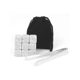 HOMIU Whisky Stones Gift Set of Nine, granite ice cubes in grey speckled finish, with black velvet pouch and silver tongs