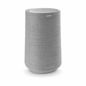 Harman Kardon Citation 100 Speaker in light grey fabric finish with touch controls on top, cylindrical smart speaker design