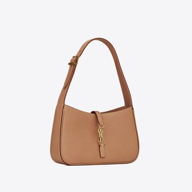 Saint Laurent Le 5 &Agrave; 7 Leather Hobo Bag in brown calfskin with gold-tone YSL charm and adjustable top handle strap
