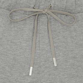 Hanro Balance Long Drawstring Sweatpants in grey, close-up of tied drawstring waistband with silver-tipped cords