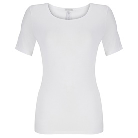 Hanro Soft Touch Short Sleeve Top in white, ribbed fabric, scoop neckline, short sleeves, slim fit, no model present