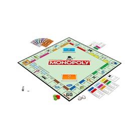 Gaming Monopoly Classic Game board fully laid out with multicoloured property squares, cards, dice, and playing pieces on white background