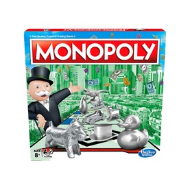 Gaming Monopoly Classic Game box featuring Mr Monopoly character and silver tokens, suitable for ages 8+, multi-coloured design