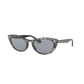 Ray-Ban 0RB4314N Cat Eye Sunglasses in grey tortoiseshell with blue-tinted lenses and silver hardware