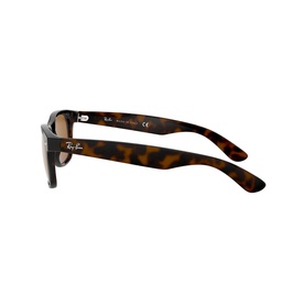 Ray-Ban New Havana Wayfarer Square Sunglasses in brown tortoiseshell, shown from rear angle highlighting patterned arms and logo detail