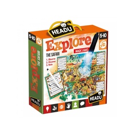 Headu Explore The Safari educational puzzle game box, ages 5&ndash;10, featuring colourful safari scene artwork with magic light activity