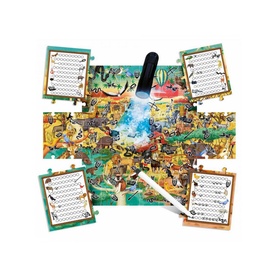 Headu Explore The Safari game laid flat showing colourful safari puzzle board, activity cards, and marker pen