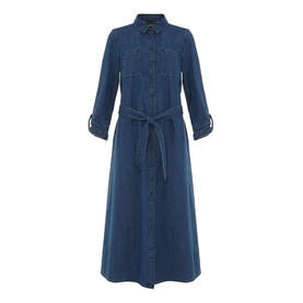 Phase Eight Hettie Denim Midi Dress in blue with long sleeves, shirt collar, button fastening, patch pockets and tie belt