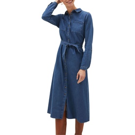 Model wearing Phase Eight Hettie Denim Midi Dress in blue, long-sleeve shirt style with collar, button front, tie belt and patch pocket