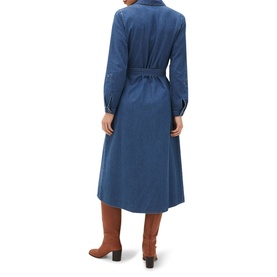 Model wearing Phase Eight Hettie Denim Midi Dress in blue, back view, showing tie belt, long sleeves and midi length, styled with tan knee-high boots