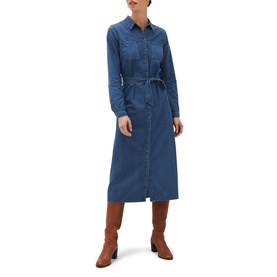 Model wearing Phase Eight Hettie Denim Midi Dress in blue, long sleeve shirt style with belt, styled with tan knee-high boots