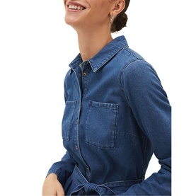 Model wearing Phase Eight Hettie Denim Midi Dress in blue, showing collar, button fastening, patch pocket and long sleeve detail