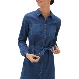 Model wearing Phase Eight Hettie Denim Midi Dress in blue, with collar, button front, patch pockets and self-tie belt detail