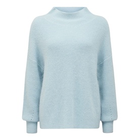 Forever New Hester Rib Knit Sweater in blue, relaxed fit with stand neck, long sleeves and eyelet cuff detail