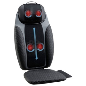 Homedics 2-in-1 Shiatsu Massaging Seat Topper in black and grey, with four rotating massage nodes and directional arrows visible