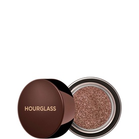 Hourglass Scattered Light Glitter Eyeshadow in Reflect, open pot showing rose-gold shimmer glitter texture with dark brown lid