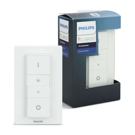 Philips Hue Dimmer Switch in white with four-button control panel, shown beside retail packaging box