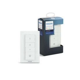 Philips Hue Dimmer Switch in white, shown alongside its retail packaging box