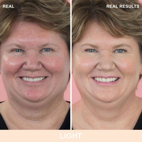 Before and after wearing IT COSMETICS Your Skin But Better CC+ Cream SPF 50+ in Light, showing improved, even complexion on model