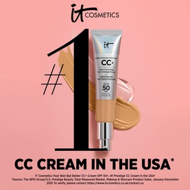 IT Cosmetics Your Skin But Better CC+ Cream SPF 50+ in Light shade, tube displayed against pink background with #1 graphic