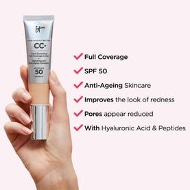 IT COSMETICS Your Skin But Better CC+ Cream SPF 50+ in Light, held in hand, showing full coverage tinted moisturiser tube