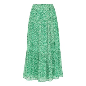 Whistles Indo Floral Wrap Skirt in green, midi length with tiered hem and all-over floral print