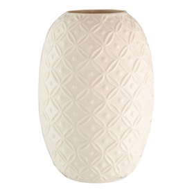 Belleek Inish 10" Vase in white ceramic with embossed diamond geometric pattern, oval silhouette and open top