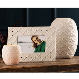 Belleek Inish 10" Vase in white with embossed pineapple texture, styled with a matching photo frame and small candle holder