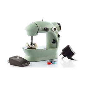 InnovaGoods Mini Portable Sewing Machine in sage green with foot pedal, power adapter, and thread spools included