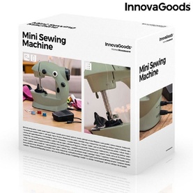 InnovaGoods Mini Portable Sewing Machine packaging, showing compact sage green sewing machine with accessories on box front and sides