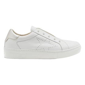 Mint Velvet Leather Trainers in white with perforated star detail, slip-on style, and white flatform sole